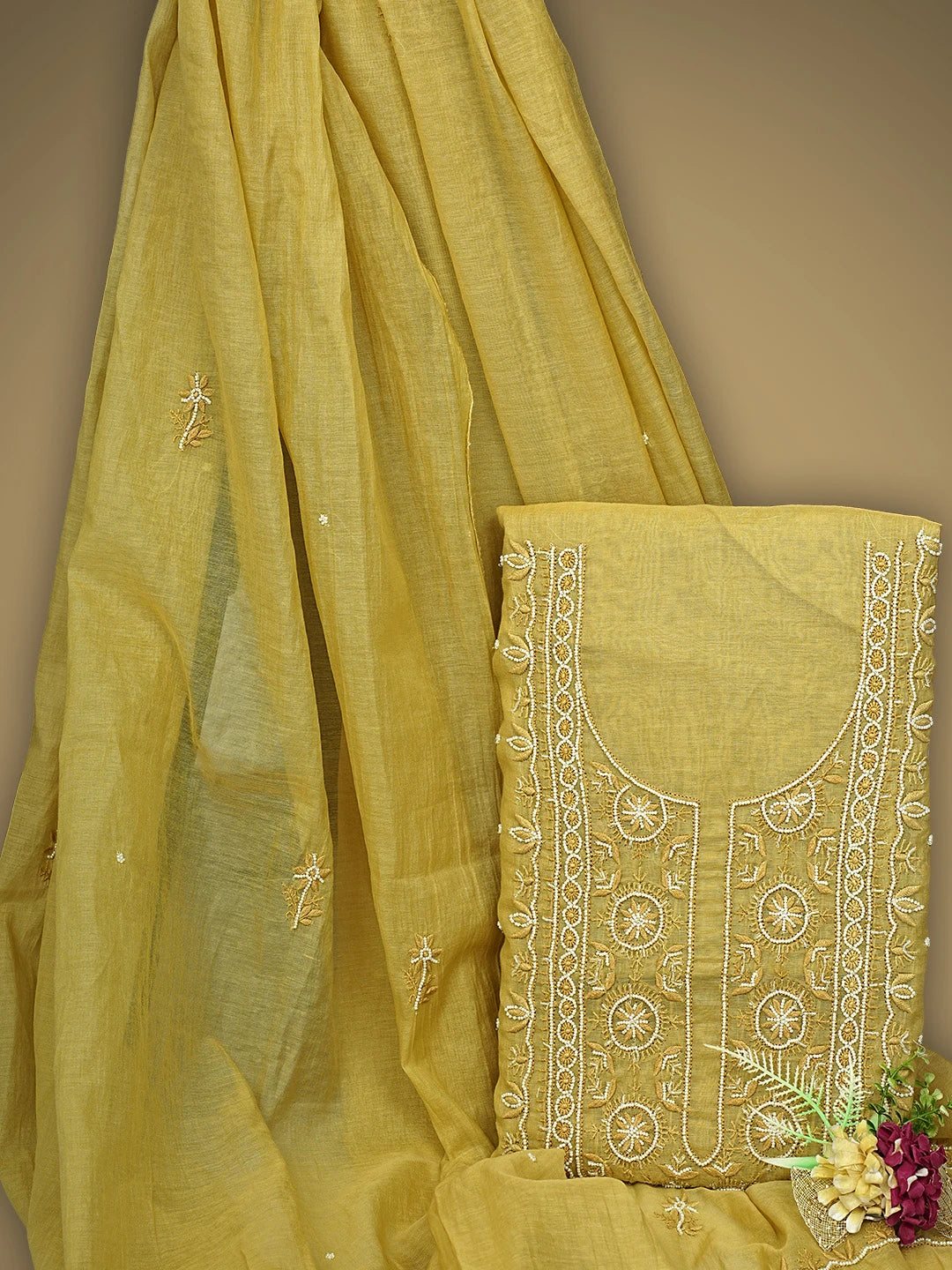 Ada Hand Embroidered Yellow Straw Gold Chanderi Lucknowi Chikankari Unstitched Kurta Dupatta Set With Pearl Work 01A911503