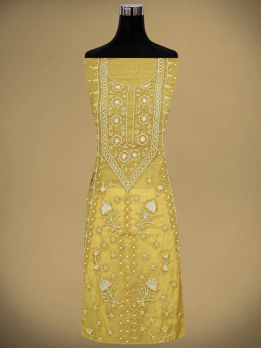 Ada Hand Embroidered Yellow Straw Gold Chanderi Lucknowi Chikankari Unstitched Kurta Dupatta Set With Pearl Work 01A911503
