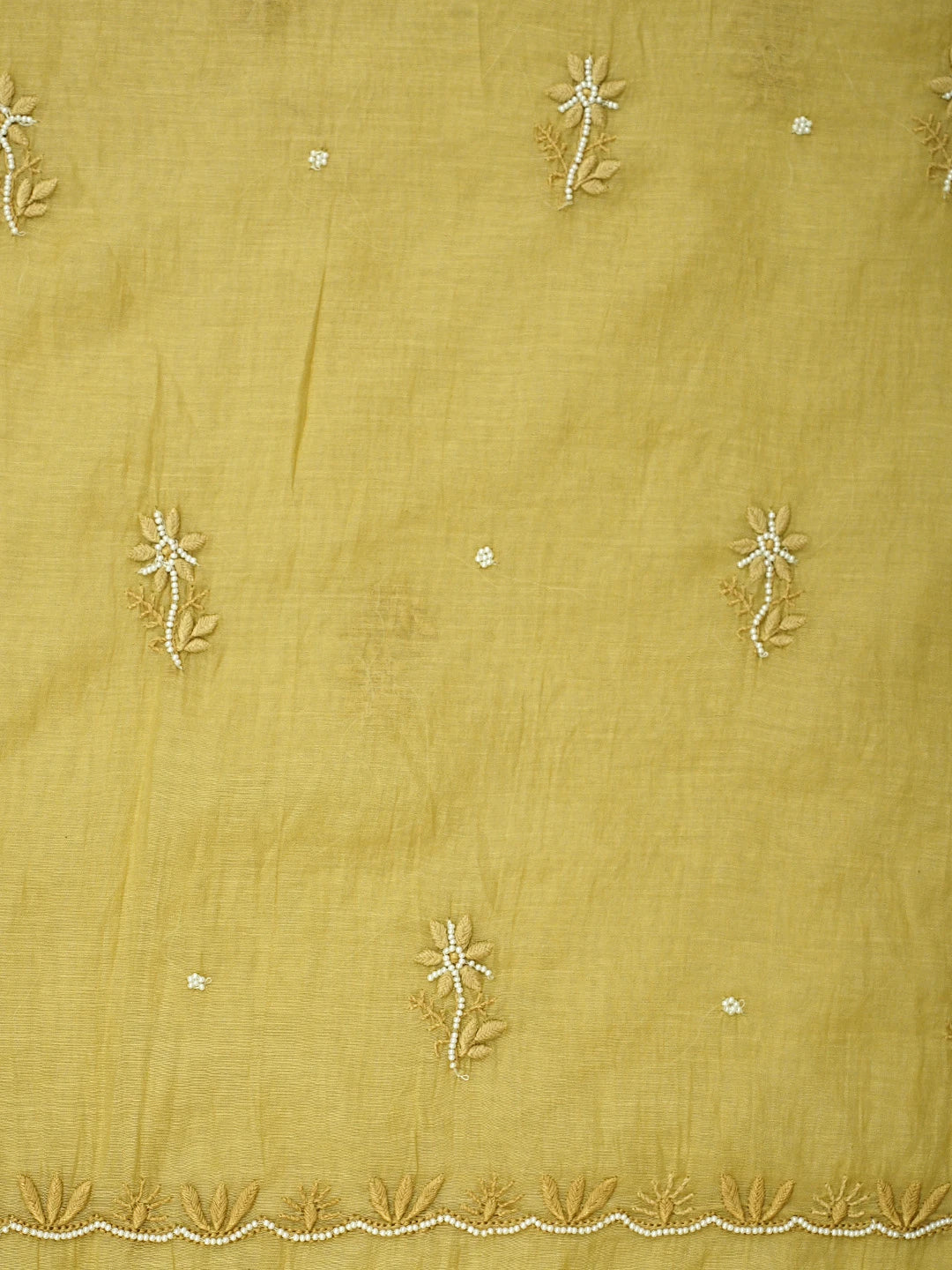 Ada Hand Embroidered Yellow Straw Gold Chanderi Lucknowi Chikankari Unstitched Kurta Dupatta Set With Pearl Work 01A911503