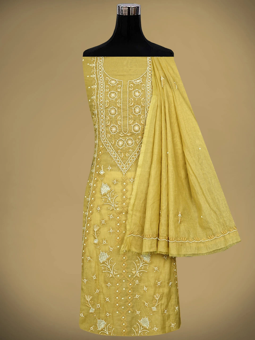 Ada Hand Embroidered Yellow Straw Gold Chanderi Lucknowi Chikankari Unstitched Kurta Dupatta Set With Pearl Work 01A911503