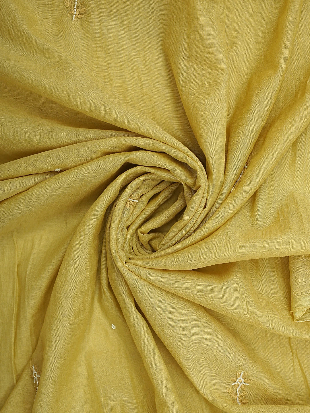 Ada Hand Embroidered Yellow Straw Gold Chanderi Lucknowi Chikankari Unstitched Kurta Dupatta Set With Pearl Work 01A911503