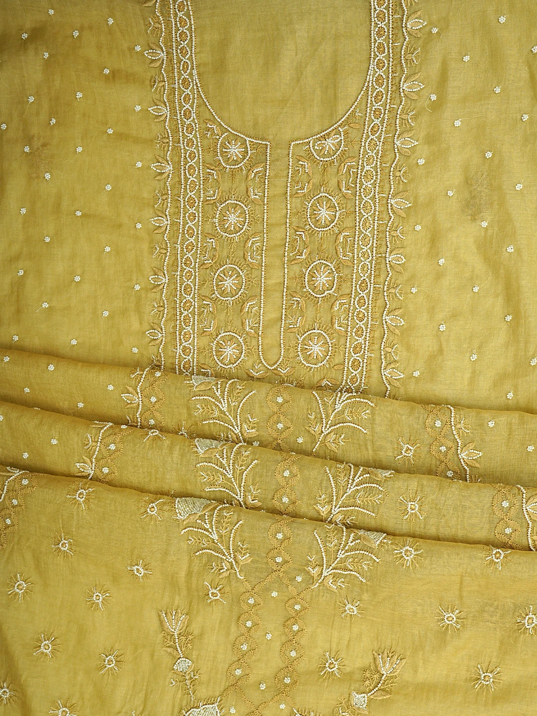 Ada Hand Embroidered Yellow Straw Gold Chanderi Lucknowi Chikankari Unstitched Kurta Dupatta Set With Pearl Work 01A911503