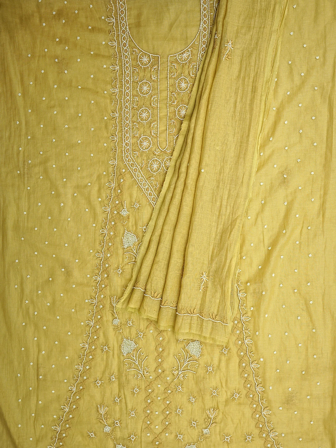 Ada Hand Embroidered Yellow Straw Gold Chanderi Lucknowi Chikankari Unstitched Kurta Dupatta Set With Pearl Work 01A911503