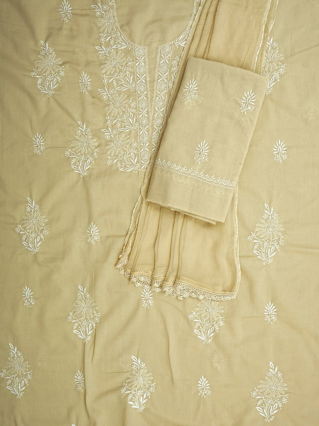 Ada Hand Embroidered Fawn Cotton Lucknowi Chikankari Unstitched Suit Piece 01A773522