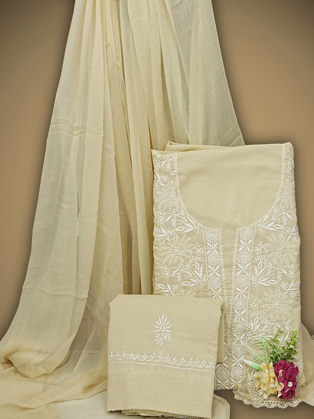 Ada Hand Embroidered Fawn Cotton Lucknowi Chikankari Unstitched Suit Piece 01A773522