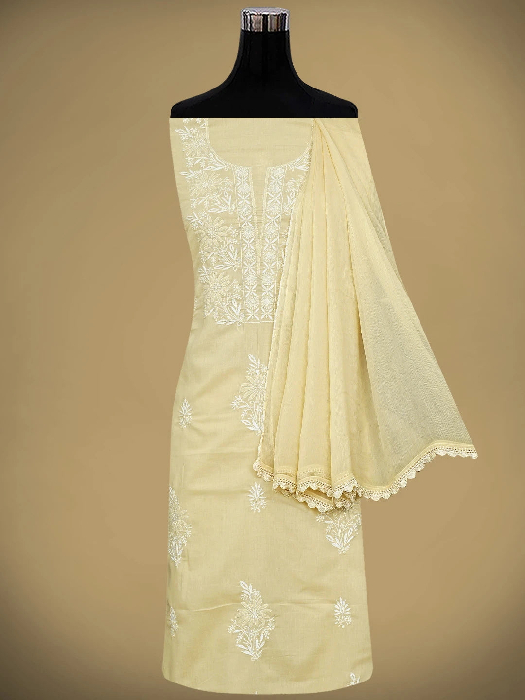 Ada Hand Embroidered Fawn Cotton Lucknowi Chikankari Unstitched Suit Piece 01A773522