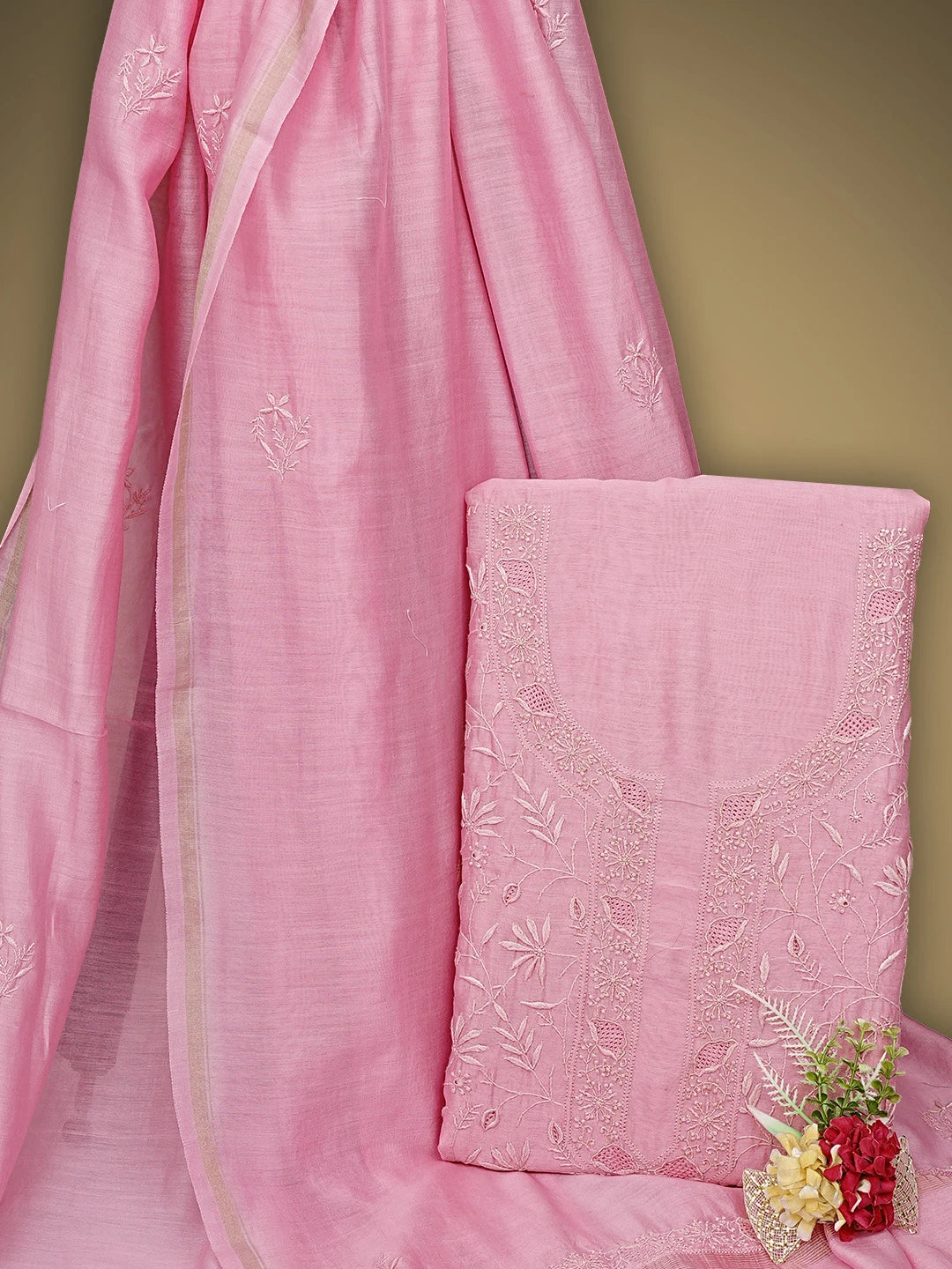 Ada Hand Embroidered Pink Chanderi Lucknowi Chikankari Unstitched Kurta Dupatta Set 01A944893