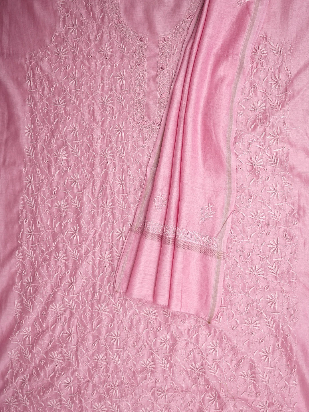 Ada Hand Embroidered Pink Chanderi Lucknowi Chikankari Unstitched Kurta Dupatta Set 01A944893