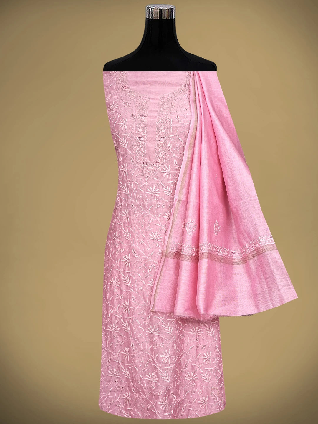 Ada Hand Embroidered Pink Chanderi Lucknowi Chikankari Unstitched Kurta Dupatta Set 01A944893