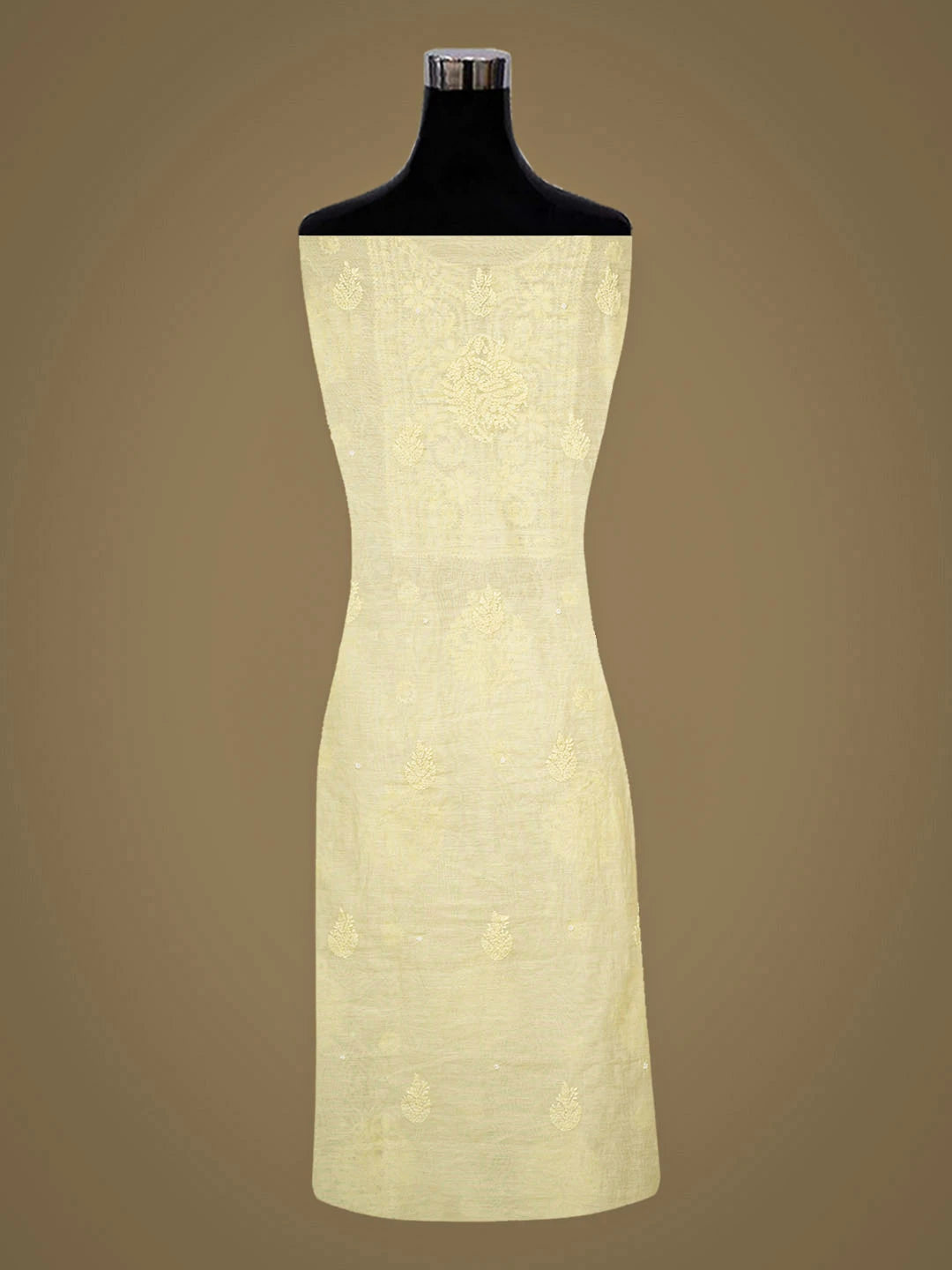 Ada Hand Embroidered Lemon Chanderi Lucknowi Chikankari Unstitched Kurta Dupatta Set With Pearl Work 01A922171