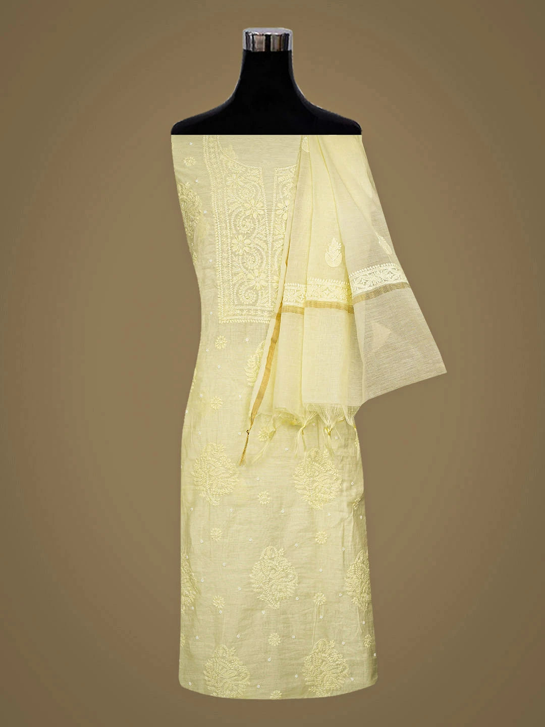Ada Hand Embroidered Lemon Chanderi Lucknowi Chikankari Unstitched Kurta Dupatta Set With Pearl Work 01A922171