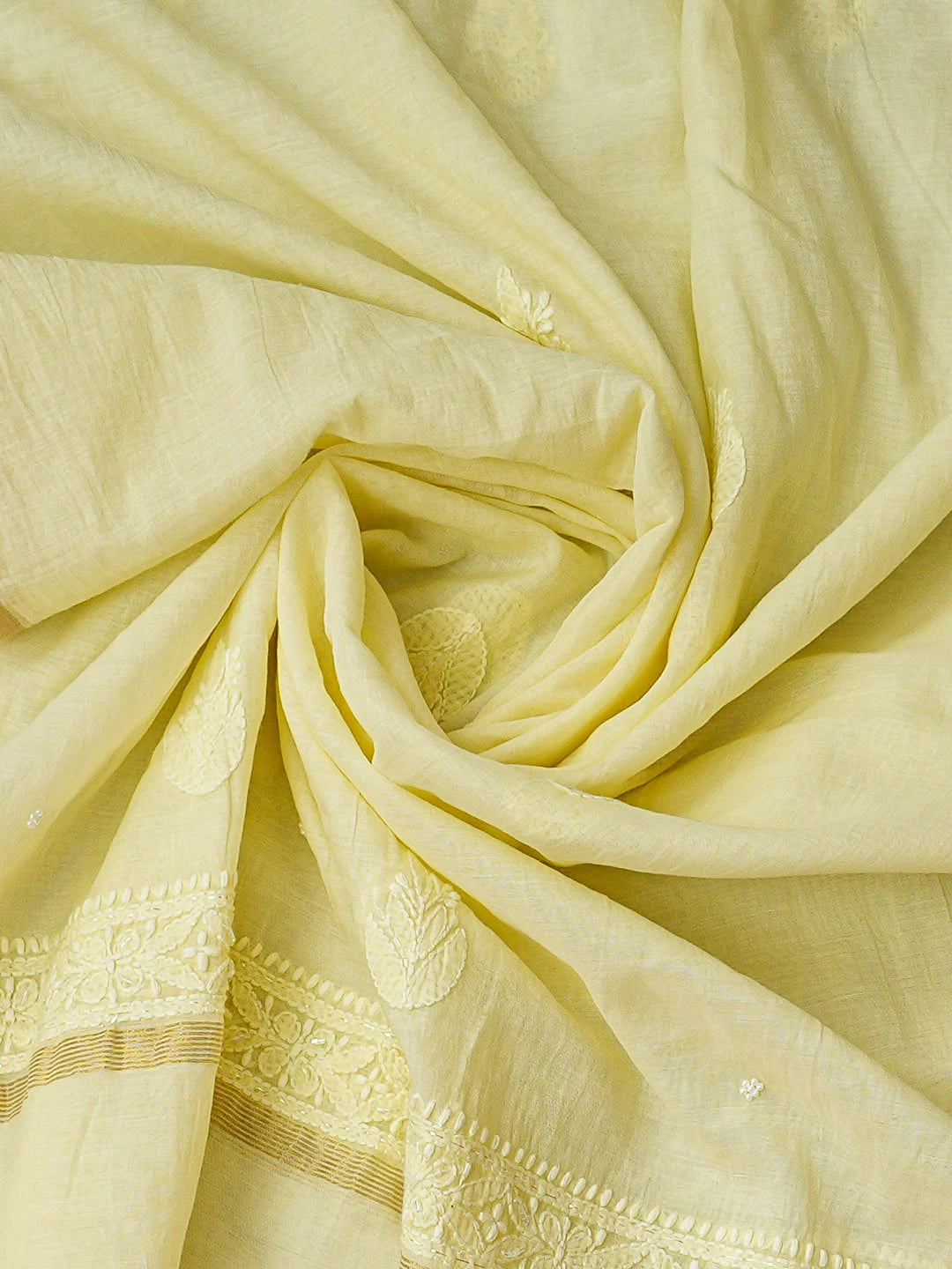 Ada Hand Embroidered Lemon Chanderi Lucknowi Chikankari Unstitched Kurta Dupatta Set With Pearl Work 01A922171