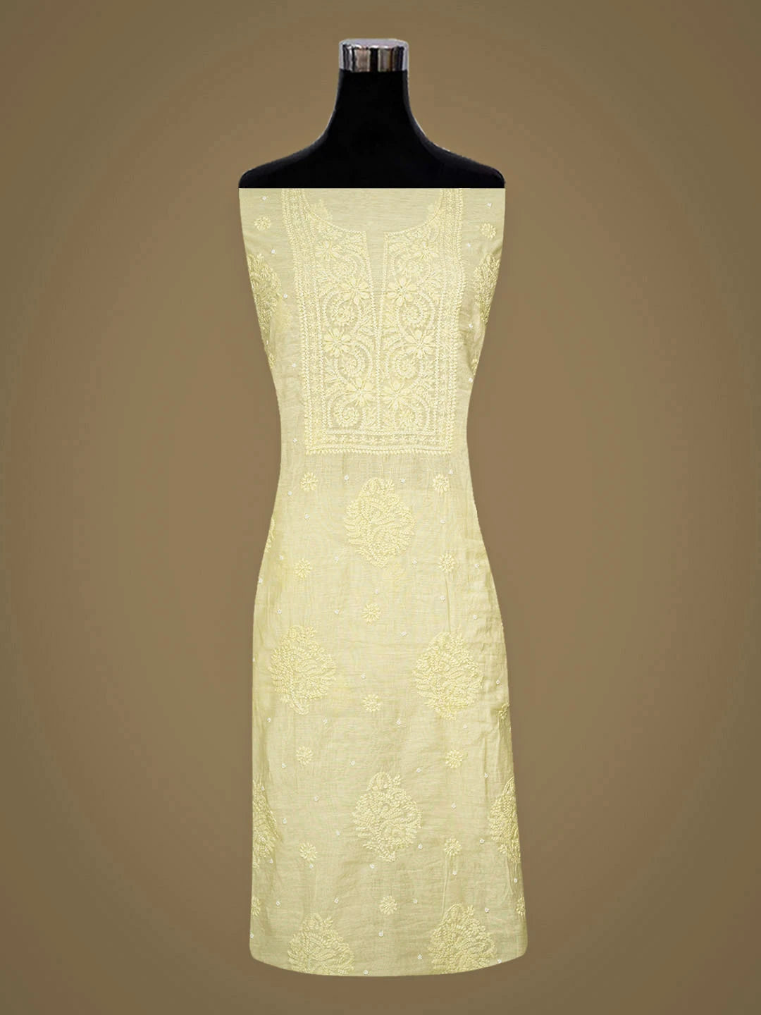 Ada Hand Embroidered Lemon Chanderi Lucknowi Chikankari Unstitched Kurta Dupatta Set With Pearl Work 01A922171