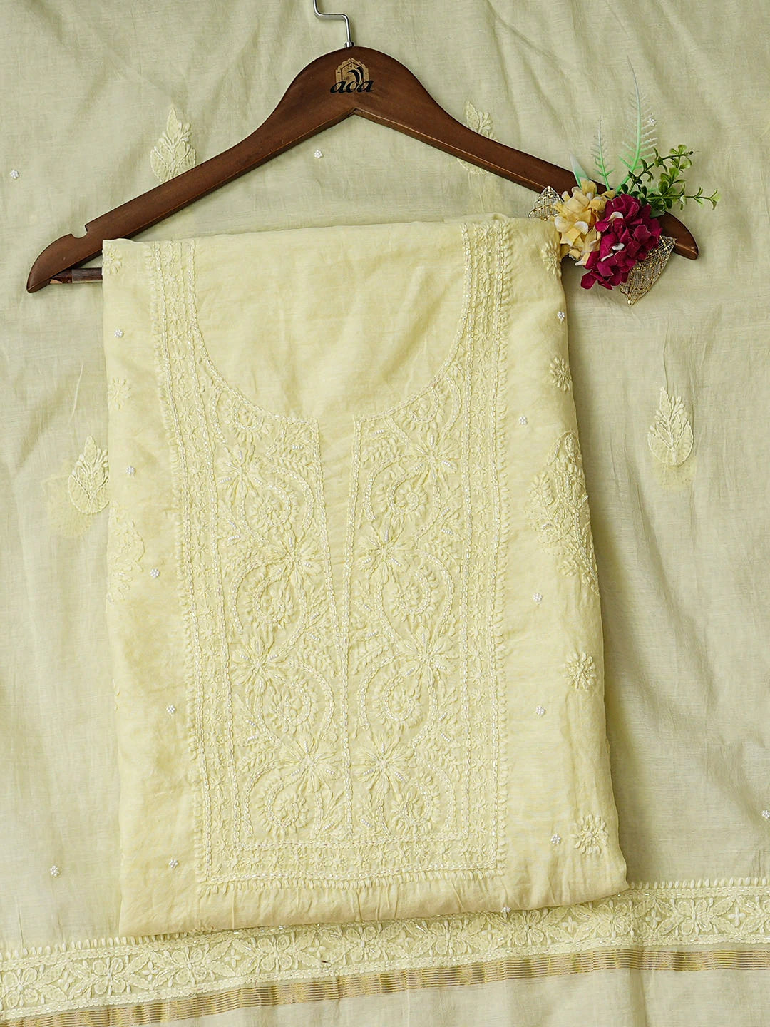 Ada Hand Embroidered Lemon Chanderi Lucknowi Chikankari Unstitched Kurta Dupatta Set With Pearl Work 01A922171