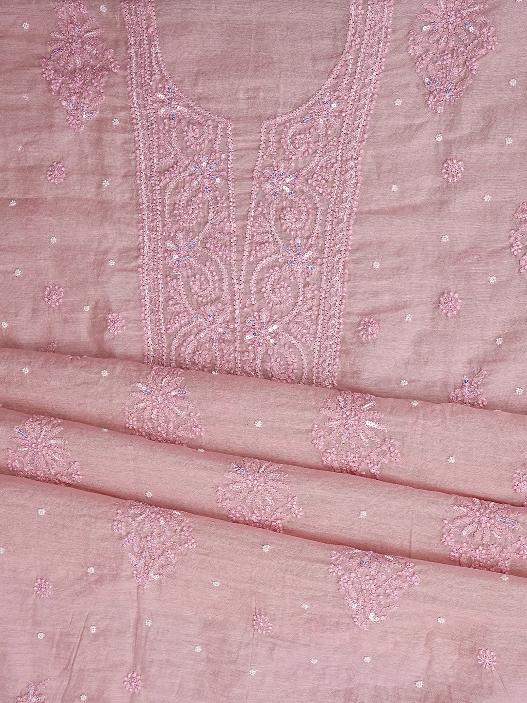 Ada Hand Embroidered Pink Chanderi Lucknowi Chikankari Unstitched Kurta Dupatta Set With Pearl Work 01A922153