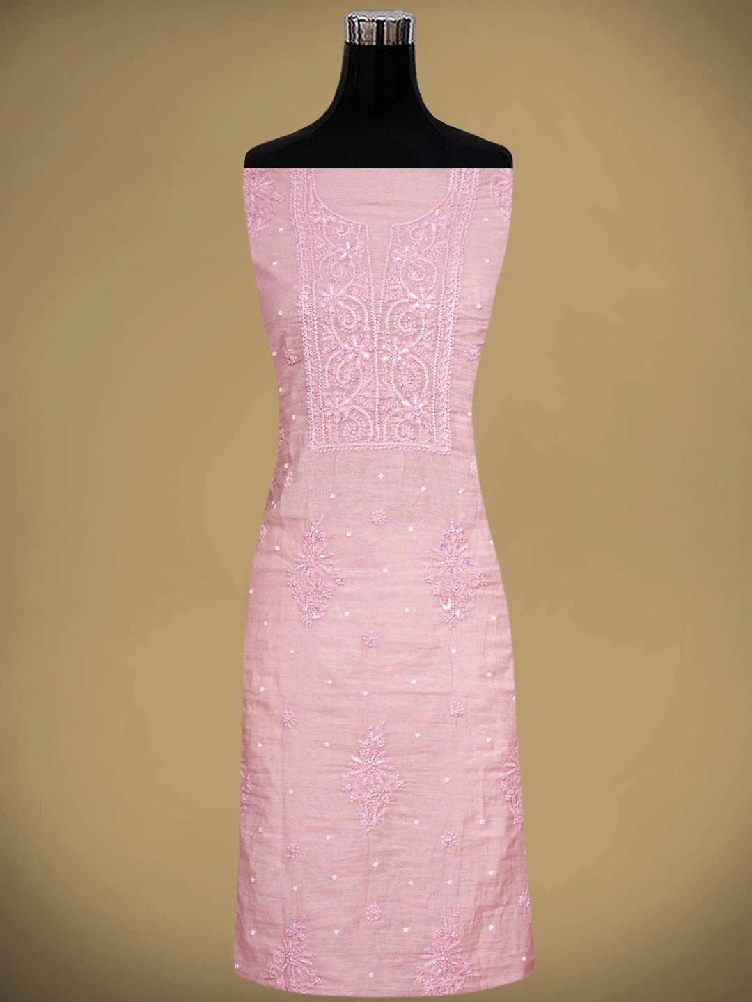Ada Hand Embroidered Pink Chanderi Lucknowi Chikankari Unstitched Kurta Dupatta Set With Pearl Work 01A922153