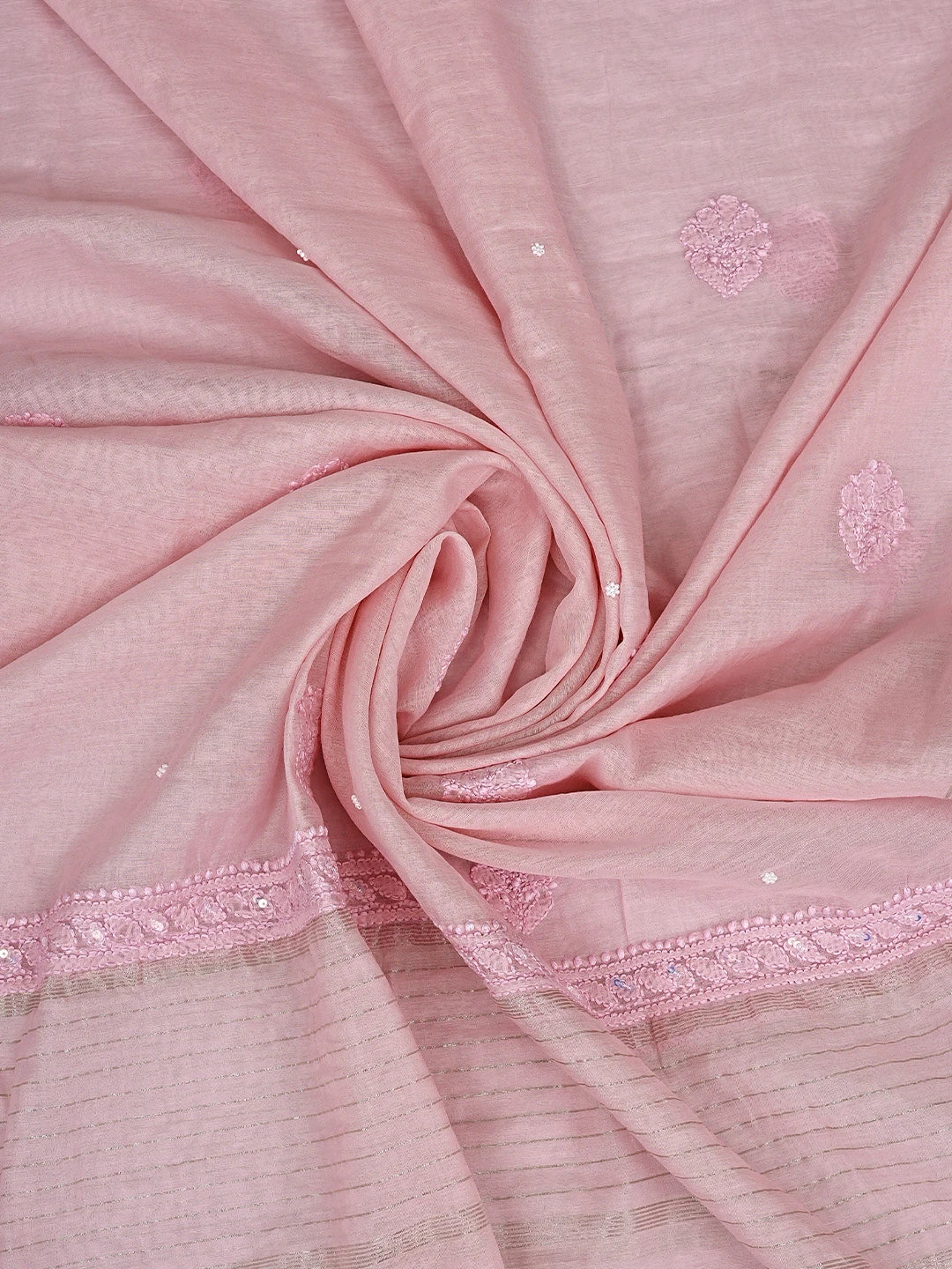 Ada Hand Embroidered Pink Chanderi Lucknowi Chikankari Unstitched Kurta Dupatta Set With Pearl Work 01A922153