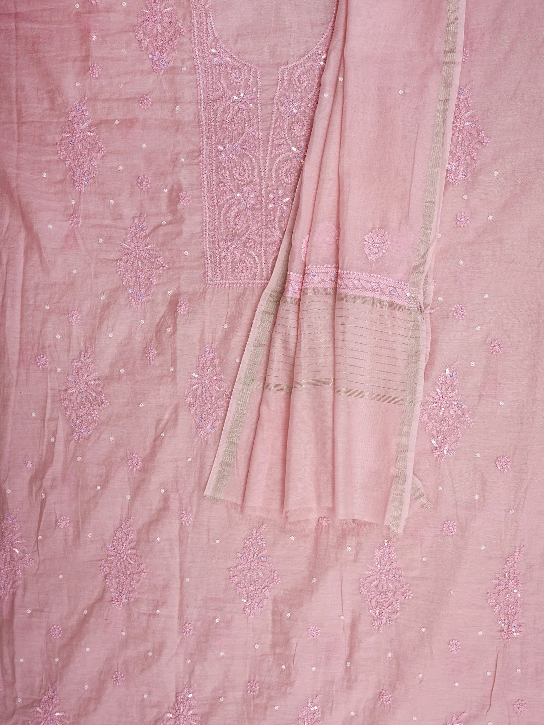 Ada Hand Embroidered Pink Chanderi Lucknowi Chikankari Unstitched Kurta Dupatta Set With Pearl Work 01A922153