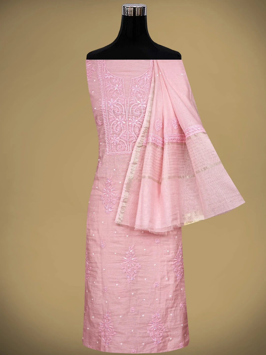 Ada Hand Embroidered Pink Chanderi Lucknowi Chikankari Unstitched Kurta Dupatta Set With Pearl Work 01A922153