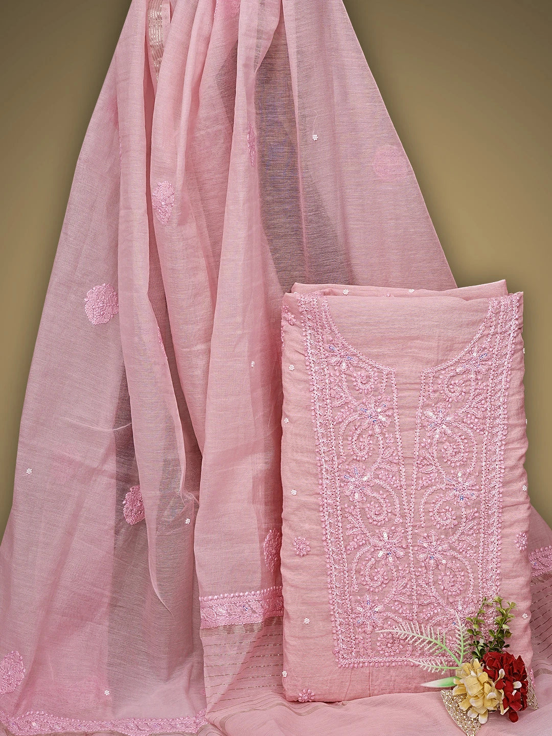 Ada Hand Embroidered Pink Chanderi Lucknowi Chikankari Unstitched Kurta Dupatta Set With Pearl Work 01A922153