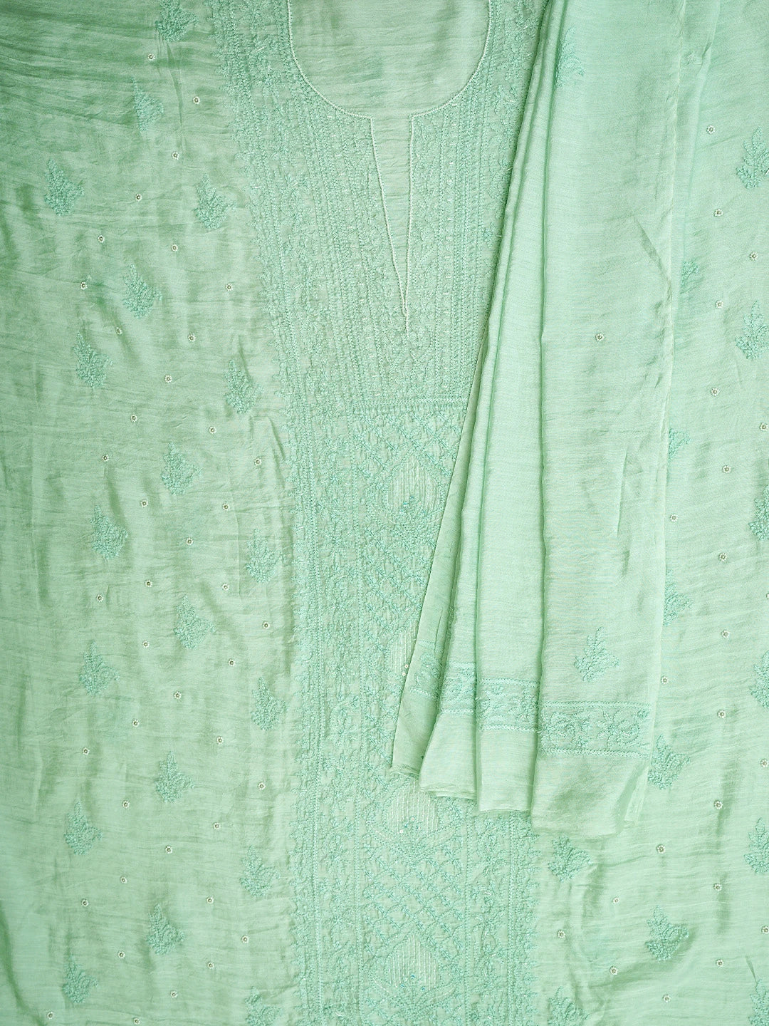 Ada Hand Embroidered Sea Green Chanderi Lucknowi Chikankari Unstitched Kurta Dupatta Set With Cutdana Work 01A890238