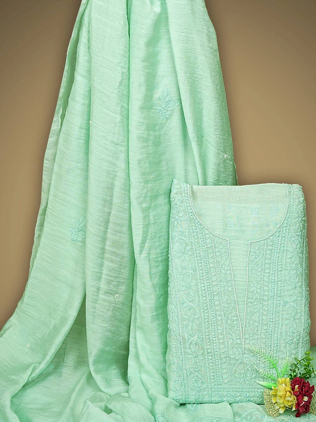 Ada Hand Embroidered Sea Green Chanderi Lucknowi Chikankari Unstitched Kurta Dupatta Set With Cutdana Work 01A890238