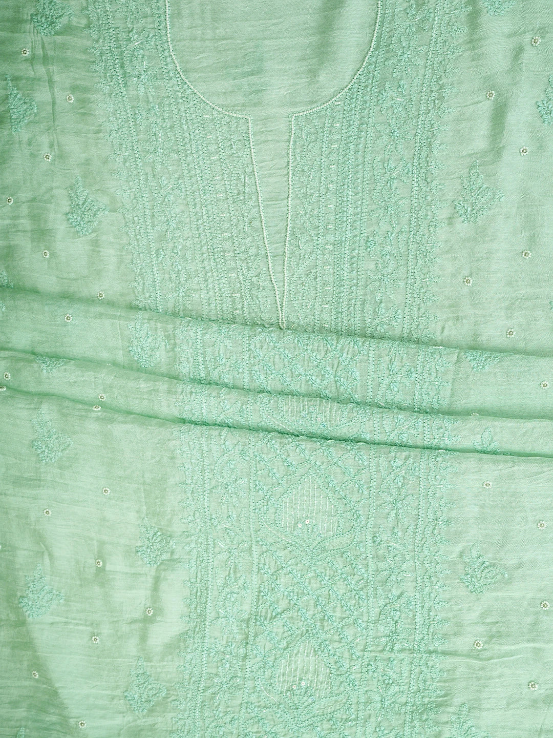 Ada Hand Embroidered Sea Green Chanderi Lucknowi Chikankari Unstitched Kurta Dupatta Set With Cutdana Work 01A890238