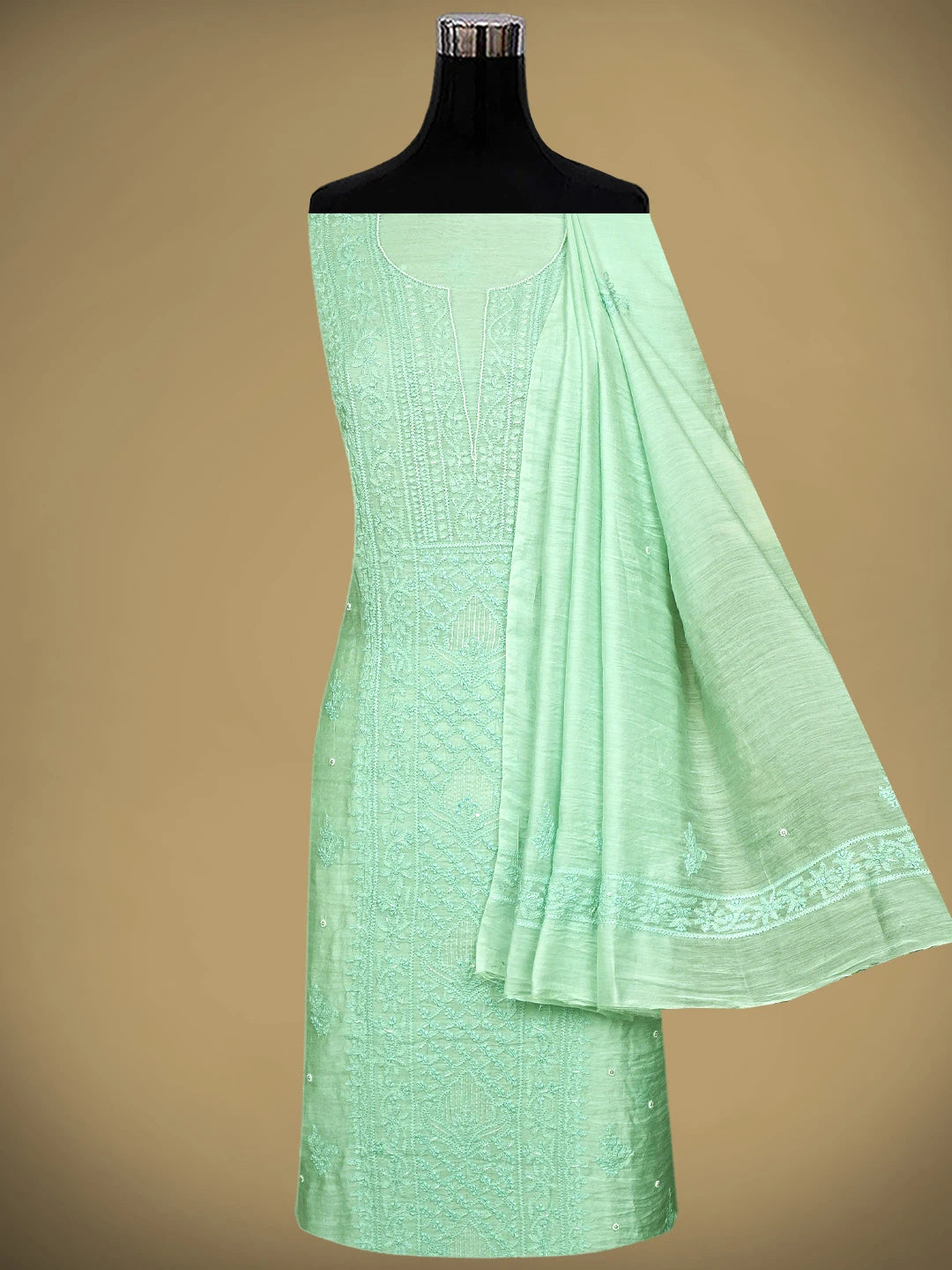 Ada Hand Embroidered Sea Green Chanderi Lucknowi Chikankari Unstitched Kurta Dupatta Set With Cutdana Work 01A890238