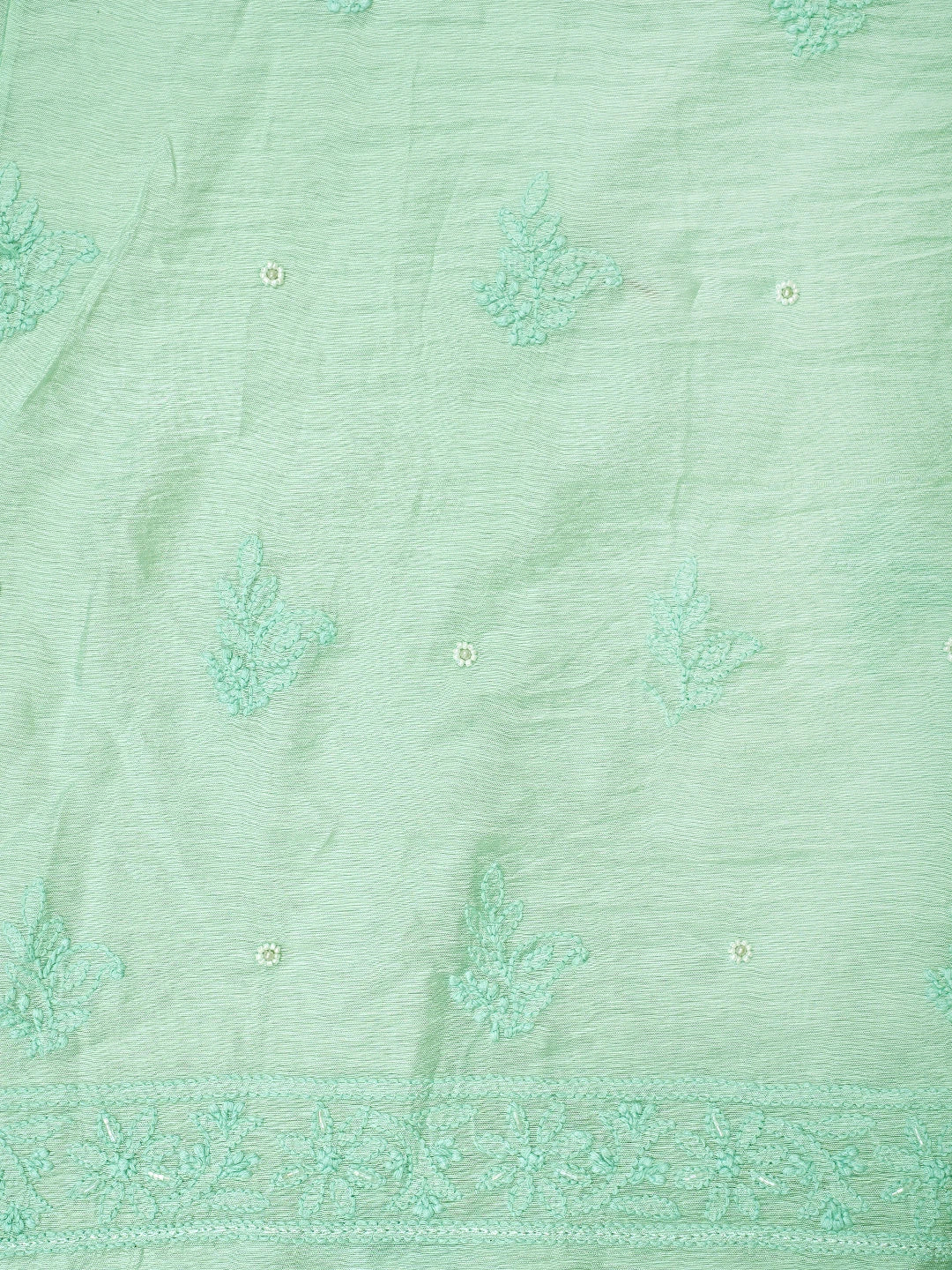 Ada Hand Embroidered Sea Green Chanderi Lucknowi Chikankari Unstitched Kurta Dupatta Set With Cutdana Work 01A890238