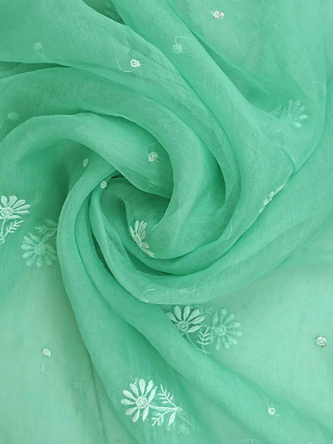 Ada Hand Embroidered Sea Green Organza Lucknowi Chikankari Unstitched Kurta Dupatta Set With Cutdana  Work 01A901754