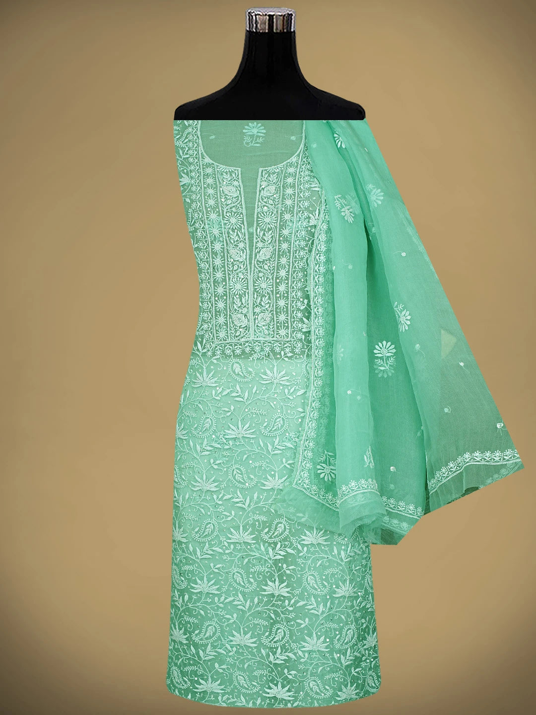 Ada Hand Embroidered Sea Green Organza Lucknowi Chikankari Unstitched Kurta Dupatta Set With Cutdana  Work 01A901754