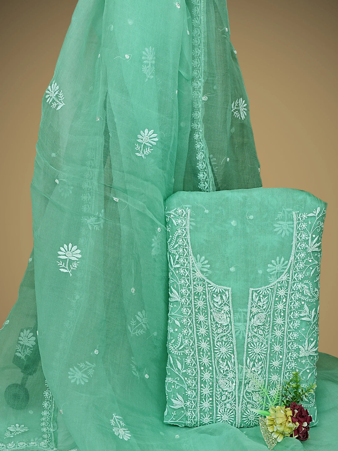 Ada Hand Embroidered Sea Green Organza Lucknowi Chikankari Unstitched Kurta Dupatta Set With Cutdana  Work 01A901754
