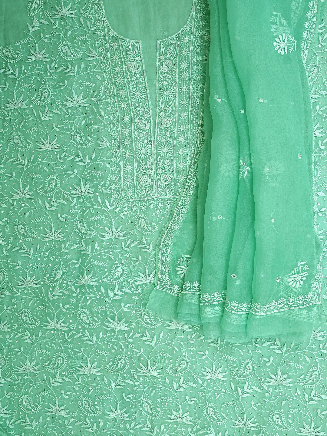 Ada Hand Embroidered Sea Green Organza Lucknowi Chikankari Unstitched Kurta Dupatta Set With Cutdana  Work 01A901754