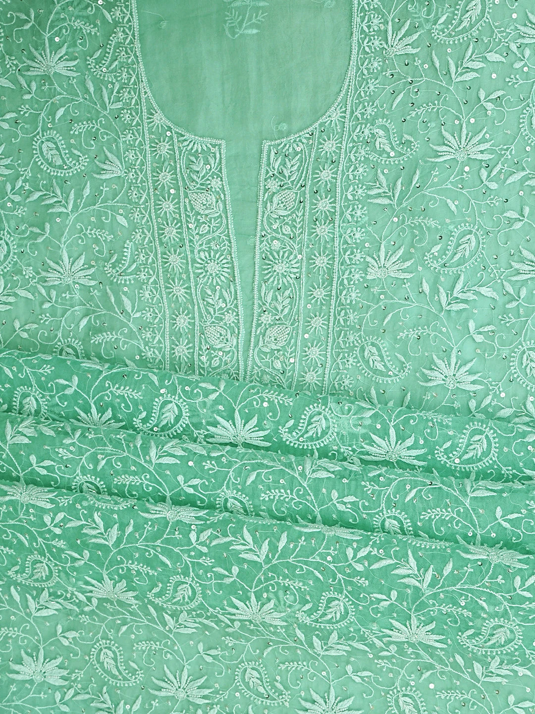 Ada Hand Embroidered Sea Green Organza Lucknowi Chikankari Unstitched Kurta Dupatta Set With Cutdana  Work 01A901754