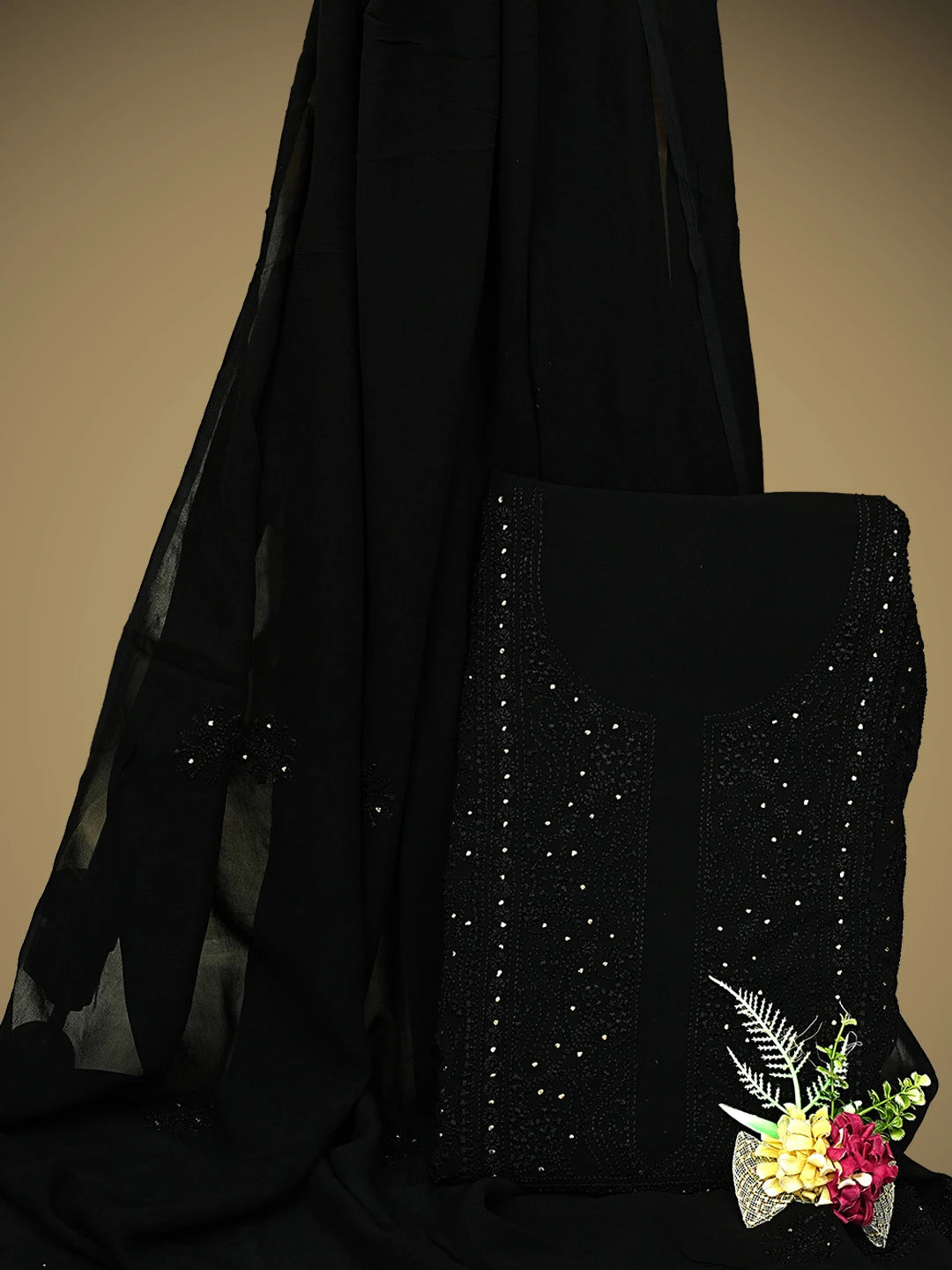 Ada Hand Embroidered Black  Viscose Georgette Lucknowi Chikankari Unstitched Kurta Dupatta Set With Mukaish/Muqaish Work 01A933347