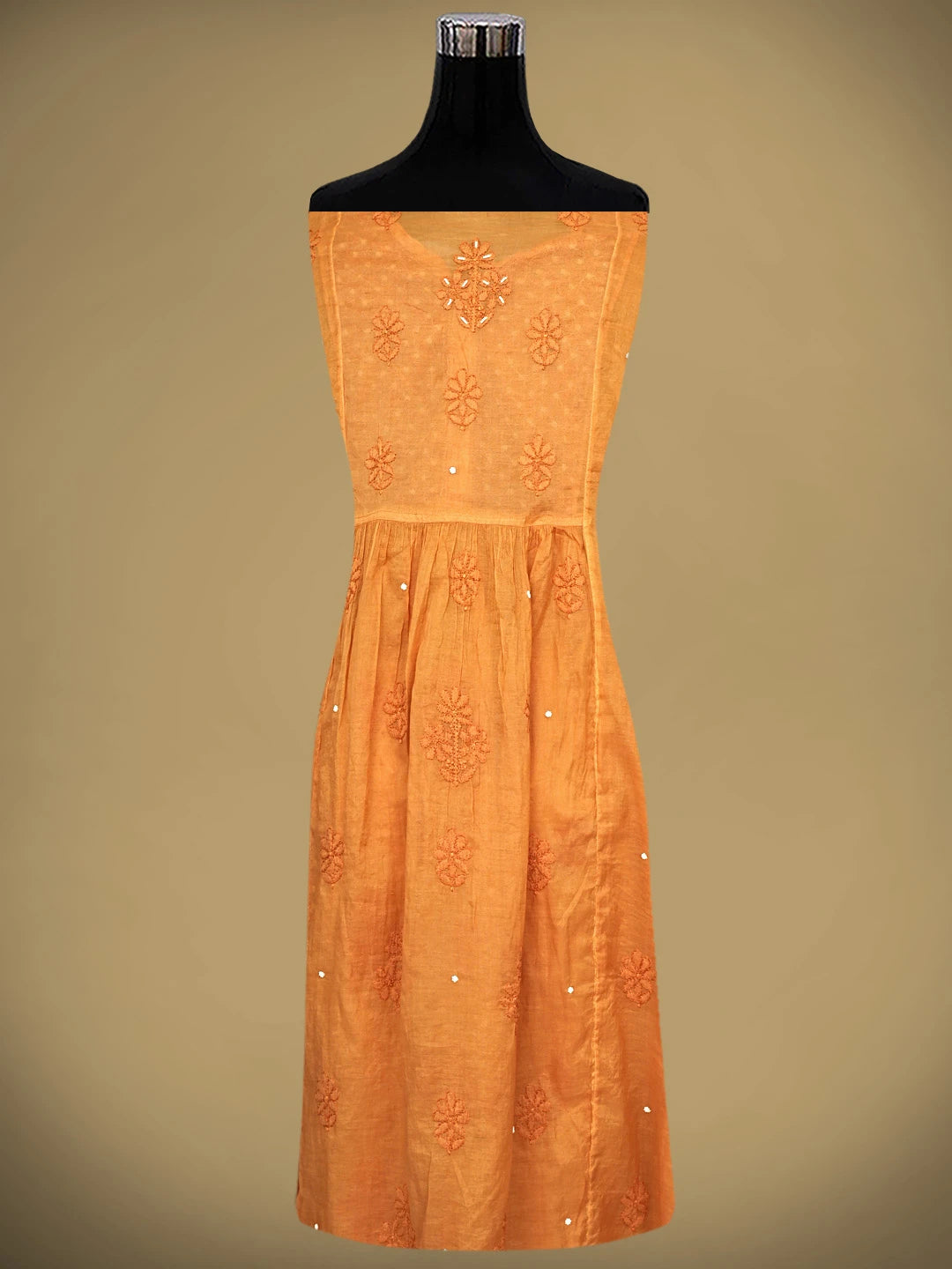 Ada Hand Embroidered Orange Chanderi Lucknowi Chikankari Semi-Stitched A-line Kurta Dupatta Set With Pearl Work 01A939623