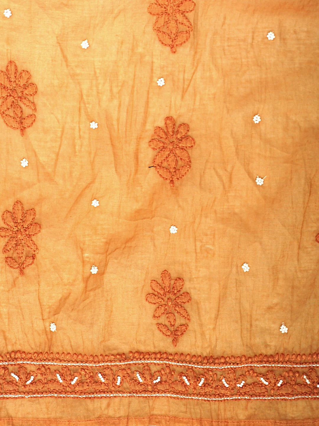 Ada Hand Embroidered Orange Chanderi Lucknowi Chikankari Semi-Stitched A-line Kurta Dupatta Set With Pearl Work 01A939623