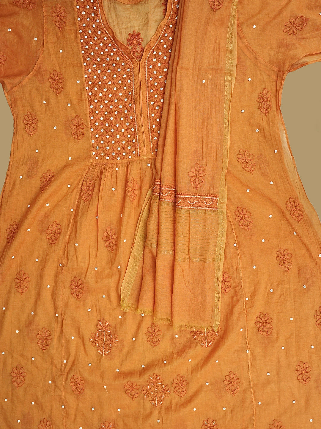 Ada Hand Embroidered Orange Chanderi Lucknowi Chikankari Semi-Stitched A-line Kurta Dupatta Set With Pearl Work 01A939623