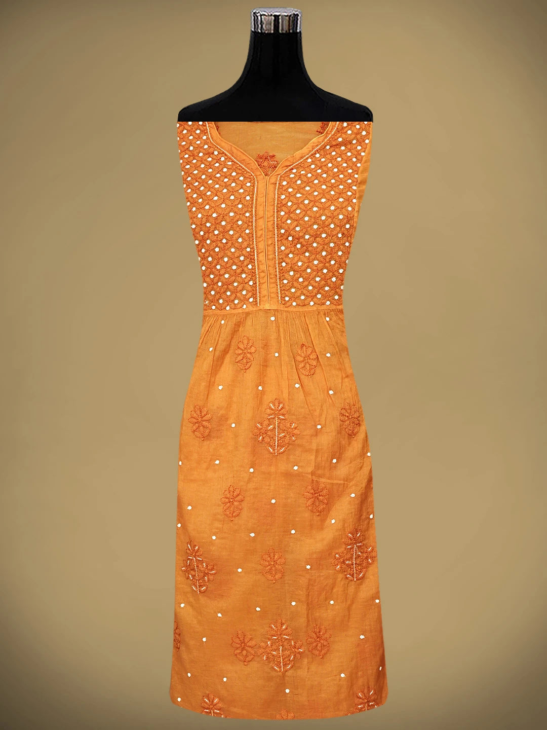 Ada Hand Embroidered Orange Chanderi Lucknowi Chikankari Semi-Stitched A-line Kurta Dupatta Set With Pearl Work 01A939623