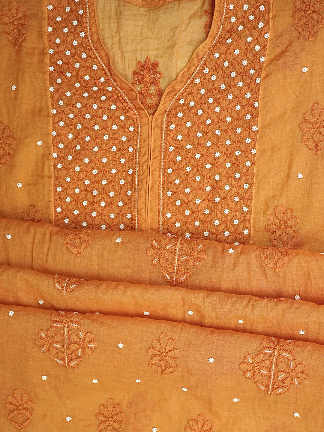 Ada Hand Embroidered Orange Chanderi Lucknowi Chikankari Semi-Stitched A-line Kurta Dupatta Set With Pearl Work 01A939623