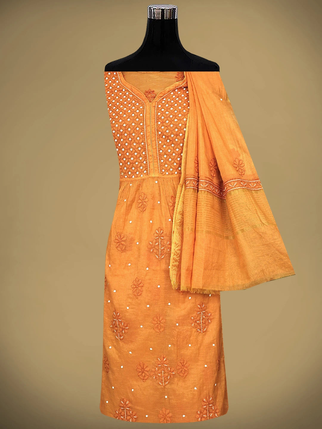 Ada Hand Embroidered Orange Chanderi Lucknowi Chikankari Semi-Stitched A-line Kurta Dupatta Set With Pearl Work 01A939623