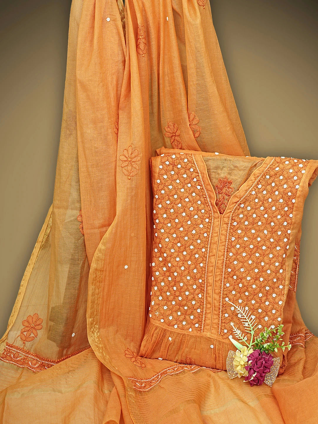 Ada Hand Embroidered Orange Chanderi Lucknowi Chikankari Semi-Stitched A-line Kurta Dupatta Set With Pearl Work 01A939623