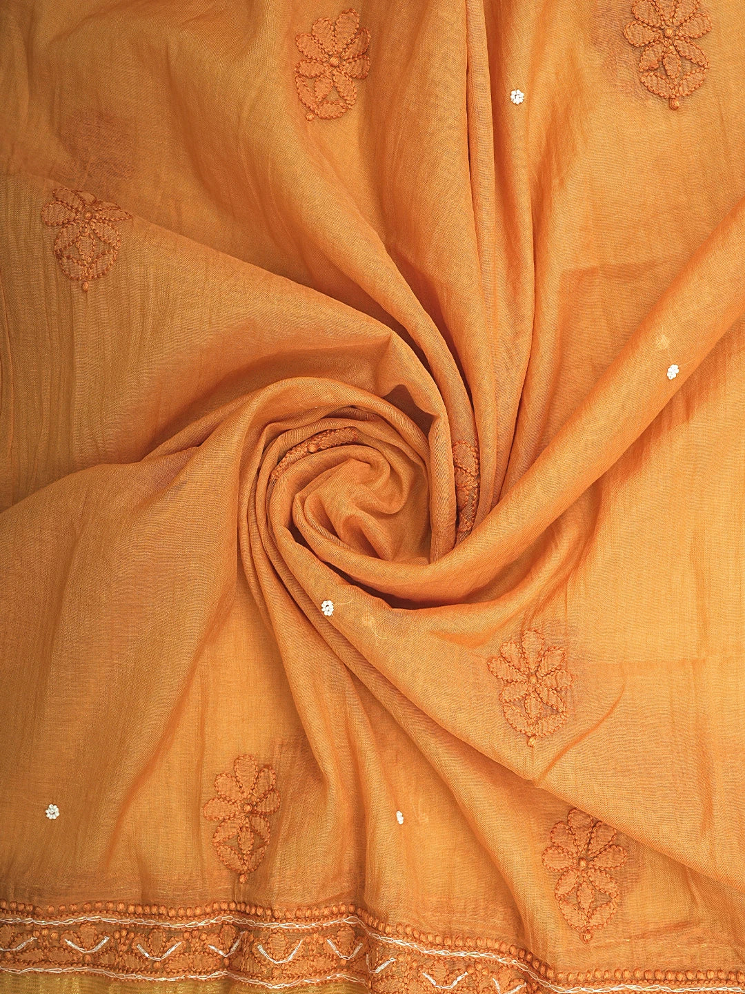 Ada Hand Embroidered Orange Chanderi Lucknowi Chikankari Semi-Stitched A-line Kurta Dupatta Set With Pearl Work 01A939623