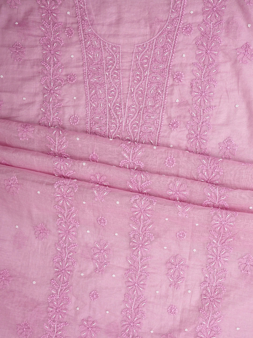 Ada Hand Embroidered Pink Blush Pop Chanderi Lucknowi Chikankari Unstitched Kurta Dupatta Set With Cutdana Work 01A922155