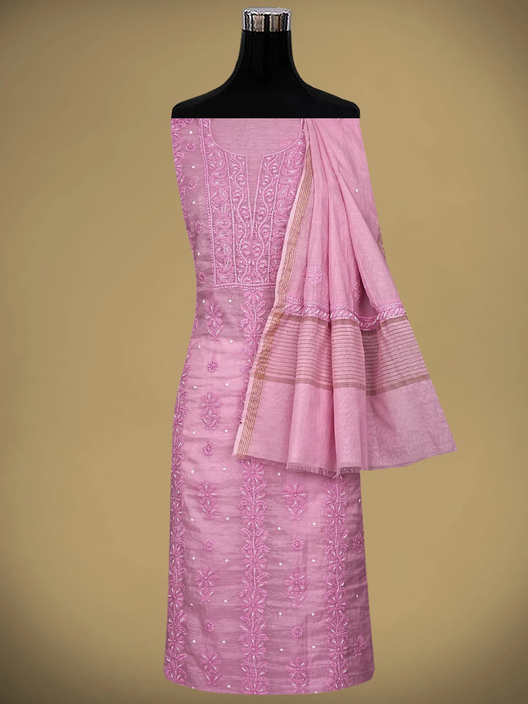 Ada Hand Embroidered Pink Blush Pop Chanderi Lucknowi Chikankari Unstitched Kurta Dupatta Set With Cutdana Work 01A922155