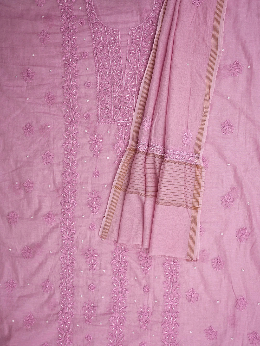 Ada Hand Embroidered Pink Blush Pop Chanderi Lucknowi Chikankari Unstitched Kurta Dupatta Set With Cutdana Work 01A922155
