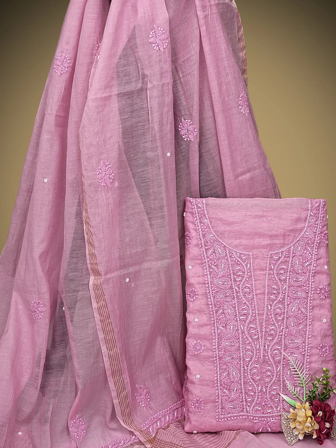 Ada Hand Embroidered Pink Blush Pop Chanderi Lucknowi Chikankari Unstitched Kurta Dupatta Set With Cutdana Work 01A922155