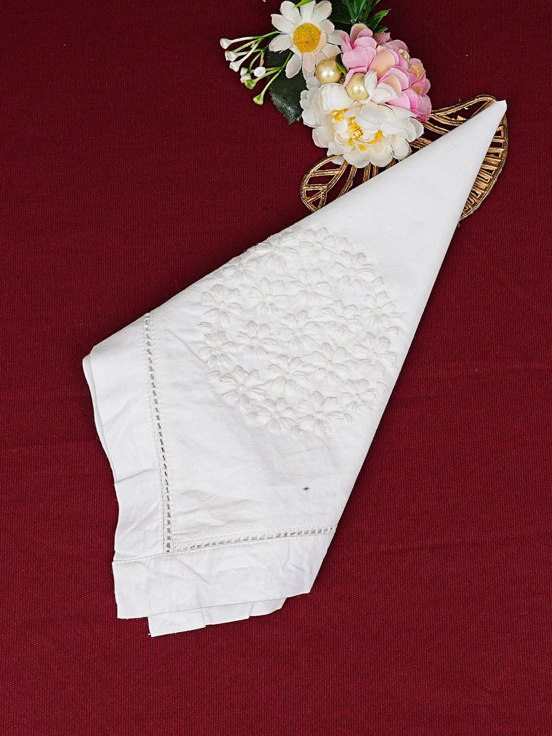 Ada Hand Embroidered White Cotton Lucknowi Chikankari Napkin 08A501964