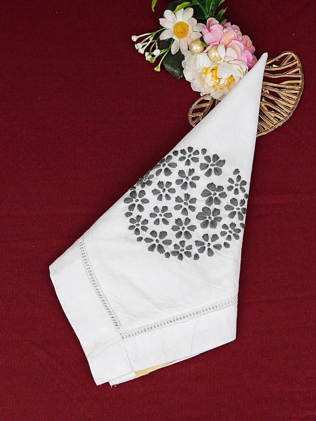 Ada Hand Embroidered White Cotton Lucknowi Chikankari Napkin 08A501740