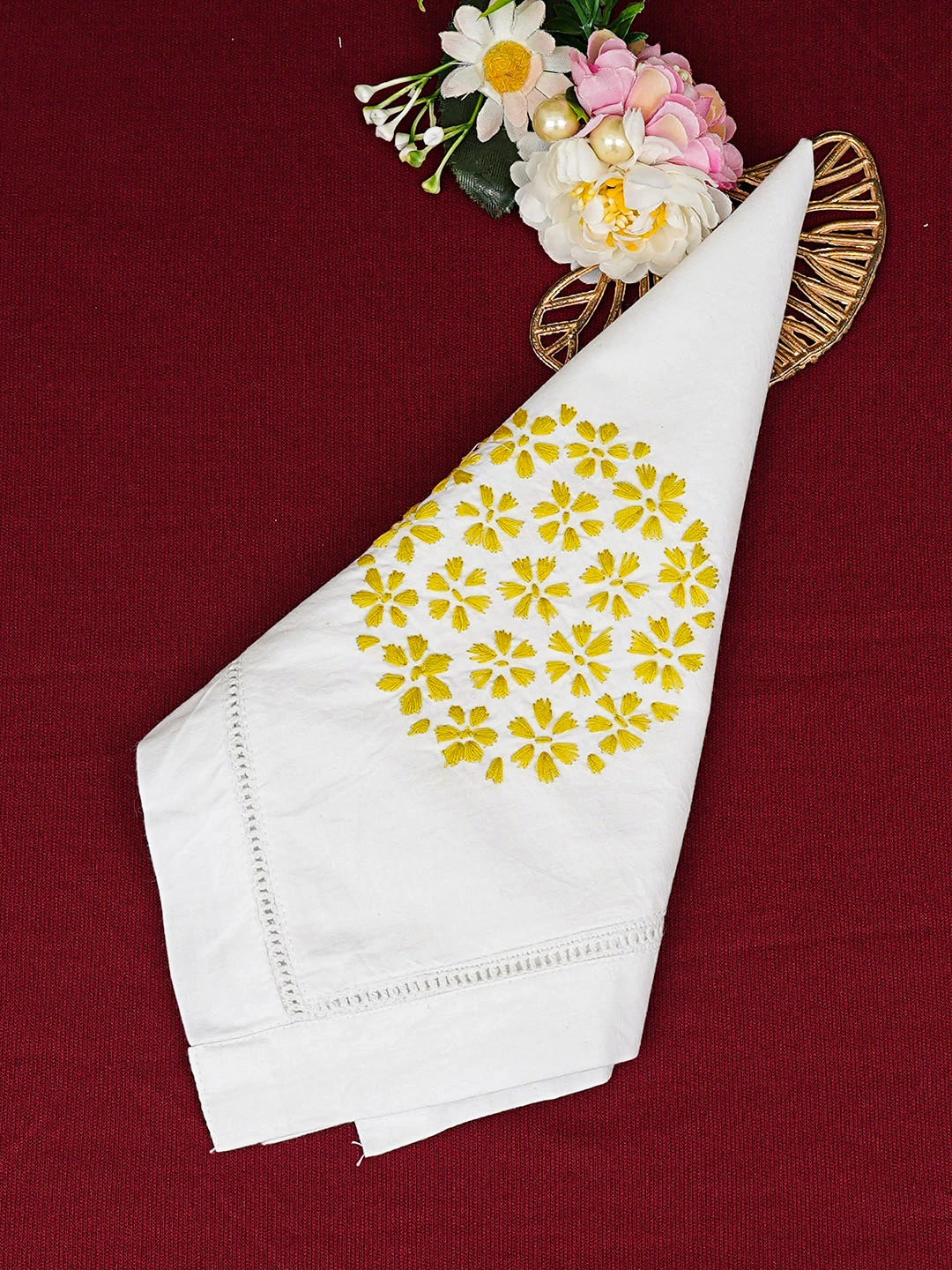 Ada Hand Embroidered White Cotton Lucknowi Chikankari Napkin 08A501837